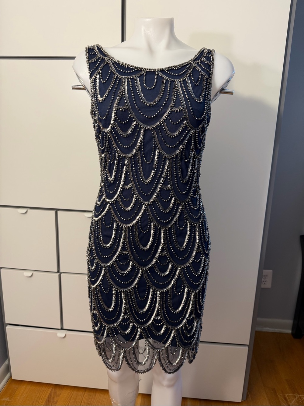 Pisarro Nights Navy Beaded Scallop-Pattern Midi Dress